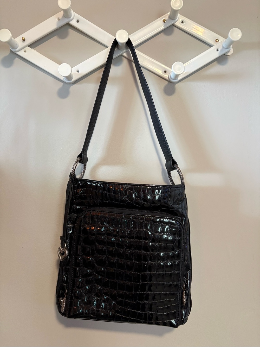 Brighton Black Croc-Embossed Shoulder Bag with Silver Accents